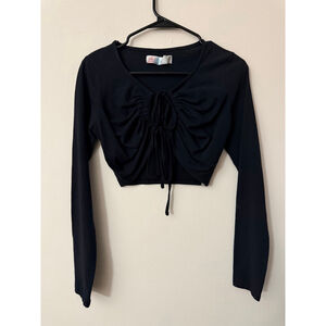 Women's FP BEACH Black Long Sleeve Cropped DOUBLE FRONT TIE TOP XS